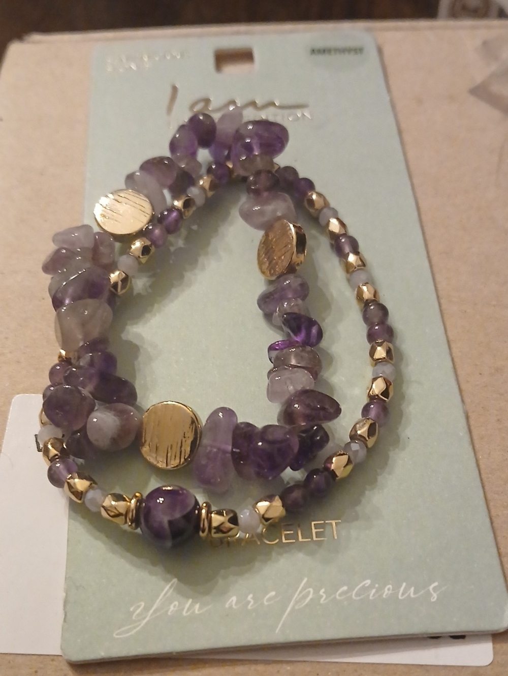 Purple Beaded Stretch Bracelet - Gold Accents Semi Precious Stones